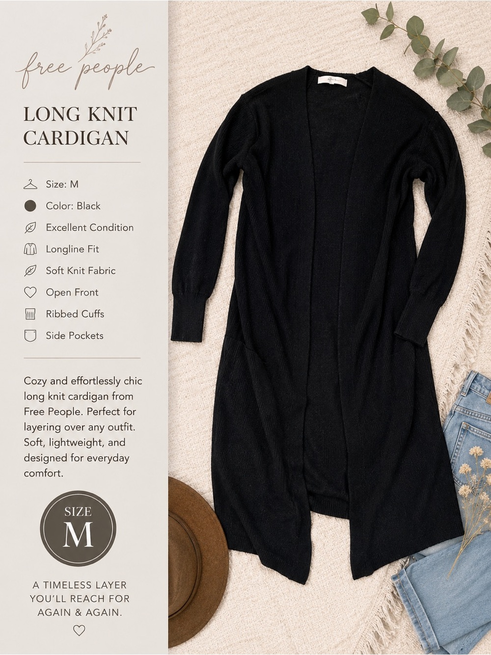 Free People Black Longline Open-Front Cardigan